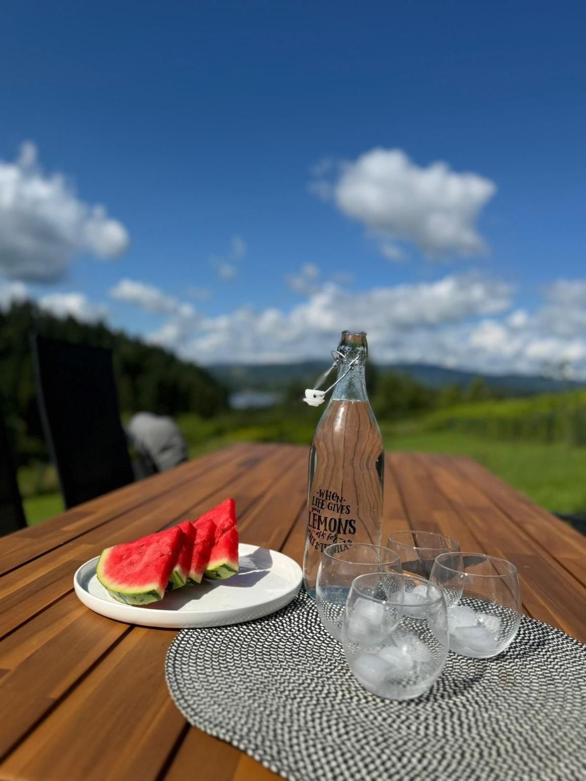 Stół z owocami i karafką z widokiem na jezioro